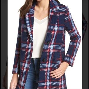 English Factory Blue Red White Plaid Button Front Collared Coat. Size Large.
